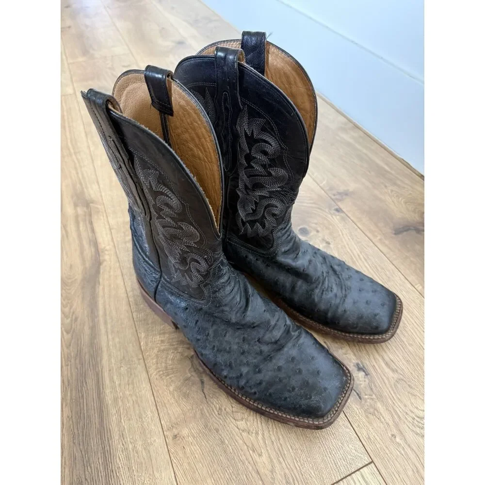 TONY LAMA 11 D Moore Western Boots Ostrich Black Sqaure Toe Cowboy Full Quill